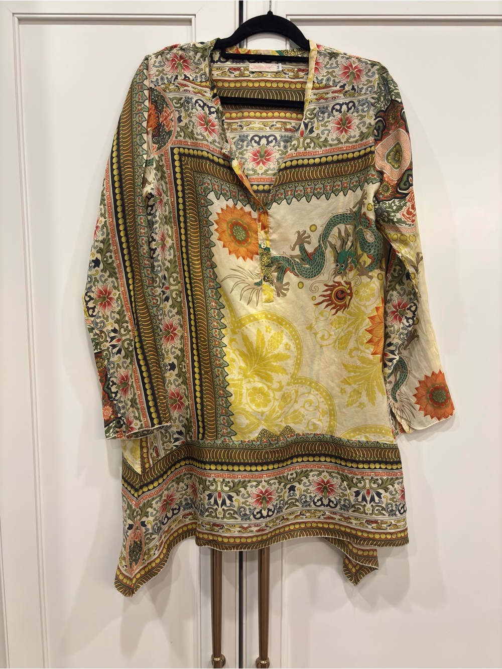 Johnny Was Yellow Multi Floral Dragon Print Tunic